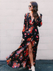 Robes Longues Bohèmes Imprimés robe fleurie Femmes à Col V avec Manches Courtes Coupe Cintrée Fente Latérale Multicolores Robes Sexy