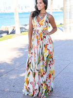 Robes Longues Bohèmes Imprimés robe fleurie Femmes à Col V Sans Manches avec Bretelles Coupe Cintrée Multicolores Robes Sexy