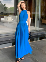 Robes longues col bijou sans manches robe longue en polyester bleu