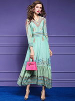 Robes longues col en V demi-manches robe de longueur de plancher en polyester vert
