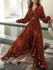 Robes longues col en V manches longues motif à pois polyester robe longue bordeaux
