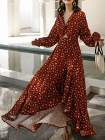 Robes longues col en V manches longues motif à pois polyester robe longue bordeaux