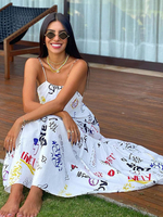 Robes Longues Décontractés Femmes Imprimés Les Mots à Col Carré avec Dos Nus à Lacets Bas Evasée Multicolores Sexy