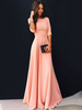 Robes Longues de Soirée Femmes avec Manches Mi-Longues à Col Rond Coupe Cintrée Bas Evasée Unicolore