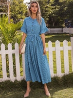 Robes longues demi-manches bleu à pois col en V à lacets robe longue en polyester superposé