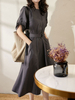 Robes longues demi-manches bleu marine foncé poches col bijou robe longue en polyester