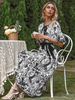 Robes longues demi-manches noir imprimé fleuri col en V lacets robe de longueur de plancher en polyester superposé