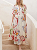 Robes longues demi-manches robe de longueur de plancher en polyester imprimé floral blanc