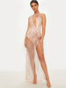 Robes Longues en Mousselines Femmes Transparentes Imprimés à Col Rond Ouvert Sur Devant sans Manches Coupe Cintrée Unicolore Sexy