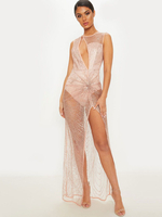 Robes Longues en Mousselines Femmes Transparentes Imprimés à Col Rond Ouvert Sur Devant sans Manches Coupe Cintrée Unicolore Sexy