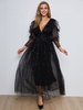 Robes Longues en Paillettes en Dentelles de Soirée Femmes à Col Décolleté en V avec Manches Longues Amples Transparentes Coupe Cintrée Bas Evasée Unicolore