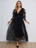 Robes Longues en Paillettes en Dentelles de Soirée Femmes à Col Décolleté en V avec Manches Longues Amples Transparentes Coupe Cintrée Bas Evasée Unicolore