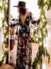 Robes Longues en Paillettes en Mousselines Imprimés Femmes Sexy à Col Décolleté en V avec Manches Longues Amples Coupe Cintrée Fente Latérale Bicolores
