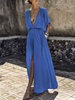 Robes Longues Etés en Mousselines Femmes Sexy à Col Décolleté en V avec Manches Courtes Coupe Cintrée Fente Latérale Unicolore