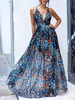Robes Longues Etés en Mousselines Imprimés robe fleurie avec Bretelles à Col Décolleté en V Coupe Cintrée avec Dos Nu à Lacets Bas Evasée Multicolores Robes Sexy