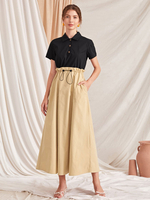 Robes Longues Femmes à Col Revers avec Manches Courtes Coupe Cintrée à Lacets Bas Evasée Bicolores