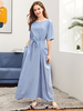 Robes Longues Femmes à Col Rond avec Manches Mi-longues Coupe Cintrée à Lacets avec Poches Unicolore