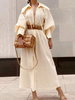 Robes Longues Femmes avec Col Revers à Lacets avec Manches Longues Amples Ceinturé Bas Evasée Unicolore