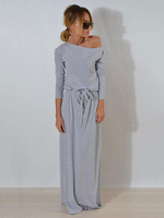 Robes Longues Femmes avec Manches Longues à Col Rond avec Epaule Dénudée Coupe Cintrée à Lacets Unicolore