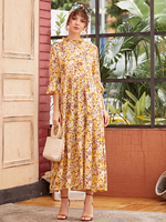 Robes Longues Femmes Décontractées Imprimes Les Fleurs à Col Rond avec Manches Mi-Longues Volants Multicolours