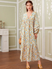 Robes Longues Femmes Décontractés Imprimés Les Fleurs à Col V avec Manches Longues Amples Bas Evasée