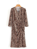 Robes longues Femmes Droites Imprimé Léopard à Col V avec Manches Longues Coupe Cintrée Elastique