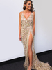 Robes Longues Femmes en Dentelles avec Bretelles à Col Décolleté en V Coupe Cintrée Unicolore Fente Latérale Sexy Robes de Soirées