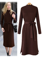 Robes Longues Femmes en Mailles à Col Montant avec Manches Longues Coupe Cintrée à Lacets Unicolore
