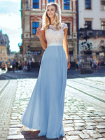 Robes Longues Femmes en Mousselines à Col Rond avec Manches Courtes avec Dos Nu Cousu en Dentelle Coupe Cintrée Bas Evasée Bicolores