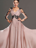 Robes Longues Femmes en Mousselines de Soirée Cousu les Fleurs à Col Rond avec Manches Longues Coupe Cintrée Bicolores à Col V