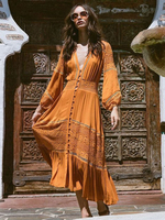 Robes Longues Femmes en Mousselines Imprimés Bohème à Col Décolleté en V avec Manches Longues Amples Coupe Cintrée Bas Evasée Bicolores Robes Etés Sexy