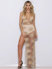 Robes Longues Femmes en Mousselines Imprimés Transparentes avec Bretelles avec Paillettes à Col Décolleté en V Coupe Cintrée Fente Latérale Bicolores Sexy