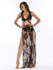 Robes Longues Femmes en Mousselines Imprimés Transparentes avec Bretelles avec Paillettes à Col Décolleté en V Fente Latérale Bicolores Sexy