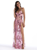 Robes Longues Femmes en Mousselines Imprimés Transparentes avec Bretelles avec Paillettes à Col Décolleté en V Fente Latérale Coupe Cintrée avec Dos Nu Sexy