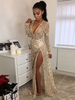 Robes Longues Femmes en Paillettes à Col Décolleté en V avec Manches Longues Coupe Cintrée Fente Latérale Transparentes Décors avec Franges Unicolore Sexy