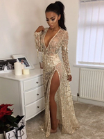 Robes Longues Femmes en Paillettes à Col Décolleté en V avec Manches Longues Coupe Cintrée Fente Latérale Transparentes Décors avec Franges Unicolore Sexy