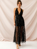 Robes Longues Femmes en Paillettes avec Bretelles Croisées à Col Décolleté en V Coupe Cintrée avec Dos Nu Unicolore Sexy