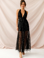Robes Longues Femmes en Paillettes avec Bretelles Croisées à Col Décolleté en V Coupe Cintrée avec Dos Nu Unicolore Sexy