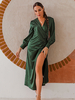 Robes Longues Femmes en Satins à Col V avec Manches Longues Amples Coupe Cintrée Fente Latérale Unicolore Sexy