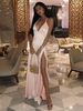 Robes Longues Femmes en Satins avec Bretelles à Lacets à Col Décolleté en V Coupe Cintrée Fente Latérale avec Dos Nu Unicolore Sexy