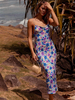 Robes Longues Femmes en Satins Imprimés les Fleurs avec Bretelles à Col Décolleté en Carré Coupe Cintrée avec Dos Nu à Lacets Croisés Sexy
