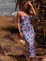Robes Longues Femmes en Satins Imprimés les Fleurs avec Bretelles à Col Décolleté en Carré Coupe Cintrée avec Dos Nu à Lacets Croisés Sexy