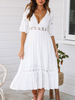 Robes Longues Femmes Etés Bohèmes Creusantes à Col V avec Manches Courtes Volantes Coupe Cintrée Bas Evasée Unicolore