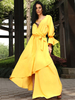 Robes Longues Femmes Etés en Mouselines à Col Décolleté en V avec Manches Longues Amples Coupe Cintrée à Lacets Unicolore Robes Etés Sexy