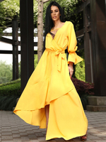 Robes Longues Femmes Etés en Mouselines à Col Décolleté en V avec Manches Longues Amples Coupe Cintrée à Lacets Unicolore Robes Etés Sexy