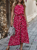 Robes Longues Femmes Etés Imprimés Pois avec Bretelles à Col Rond sans Manches Coupe Cintrée à Lacets Bas Evasée Bicolores Robes Sexy