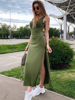 Robes Longues Femmes Etés Moulantes Fente Latérale avec Bretelles à Col Décolleté en u sans Manches Coupe Cintrée Unicolore Robe Eté Sexy