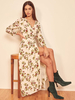 Robes Longues Femmes Imprimé Les Fleurs Fente Latérale avec Manches longues à Col V