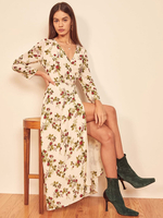 Robes Longues Femmes Imprimé Les Fleurs Fente Latérale avec Manches longues à Col V