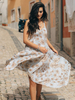 Robes Longues Femmes Imprimées les Fleurs à Col Décolleté en V avec Bretelles sans Manches Bas Evasée Bicolores